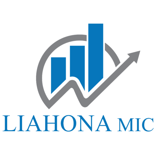 Blue and gray Liahona Mic logo design.